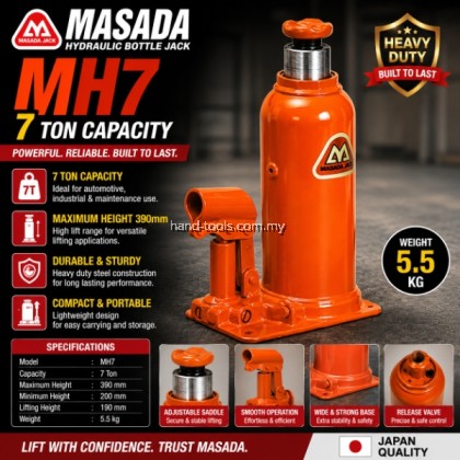 Masada MH7: Hydraulic Bottle Jack 7ton, Maximum Height 390mm,5.5kg